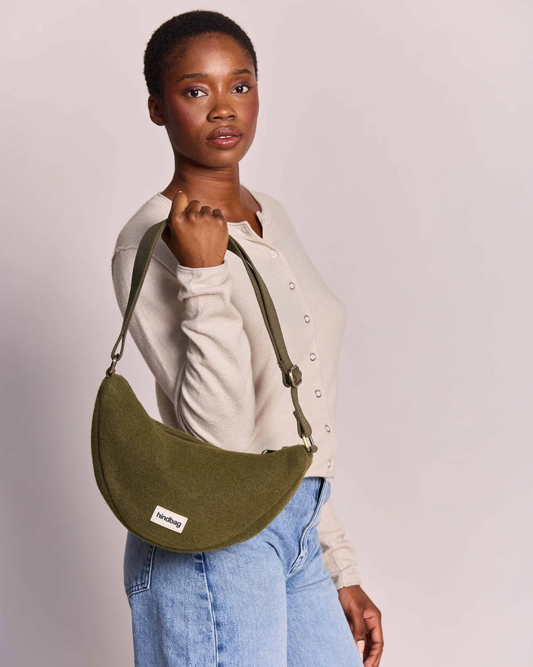 Khaki Wool Effect Andrea Crescent Bag hindbag