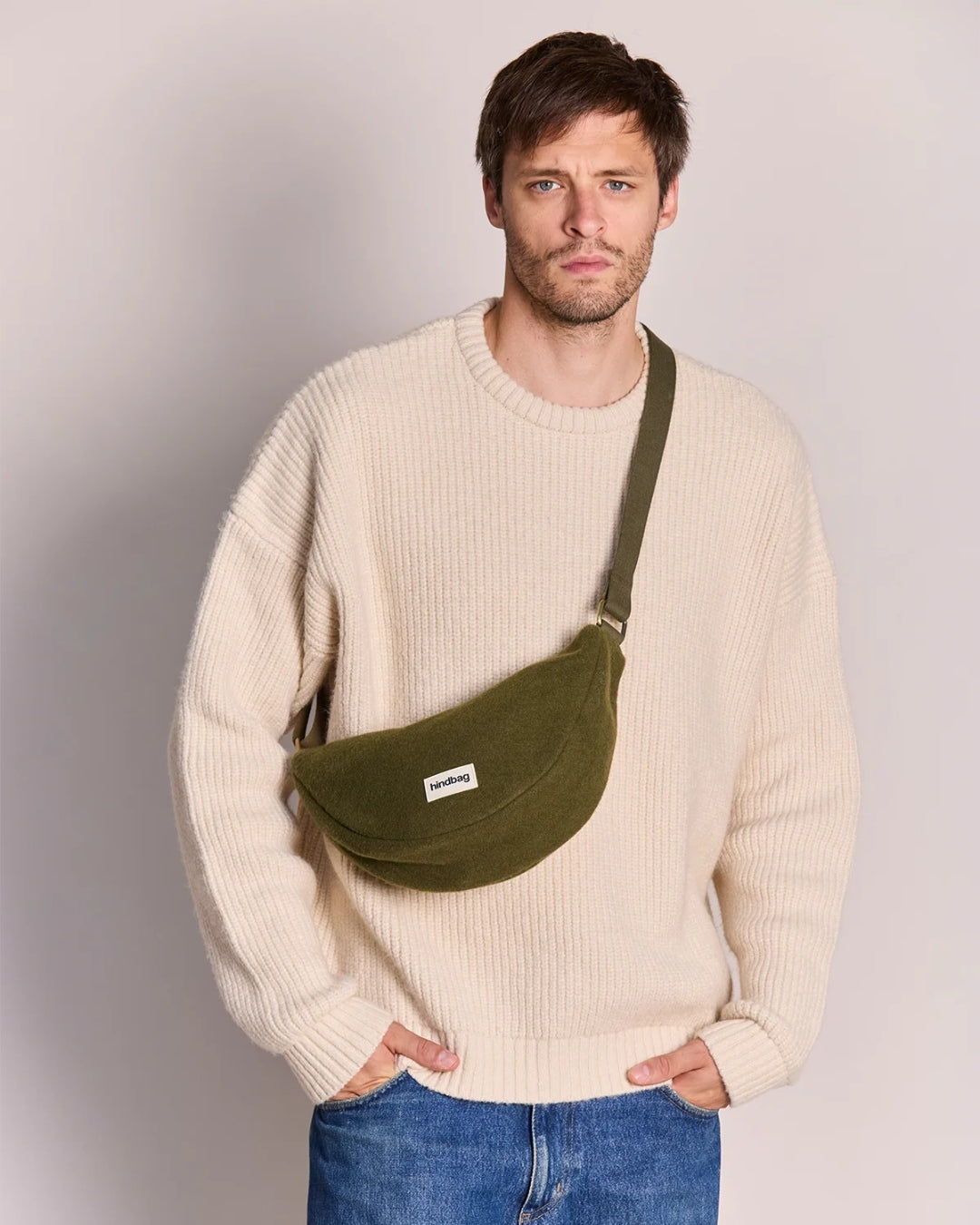 Khaki Wool Effect Andrea Crescent Bag hindbag