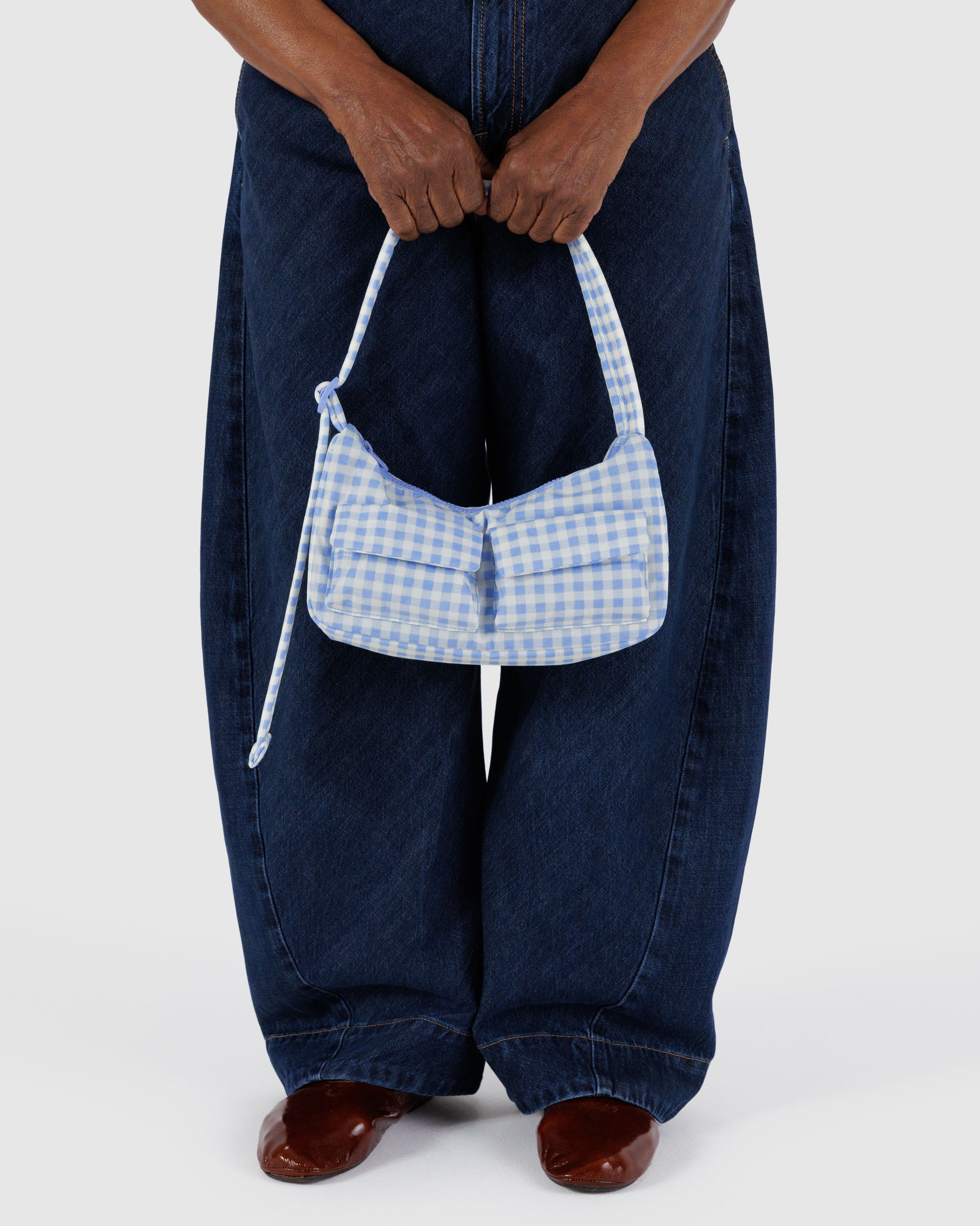 BAGGU Light Blue Gingham Cargo Shoulder Bag | BAGGU | Shoulder Bag