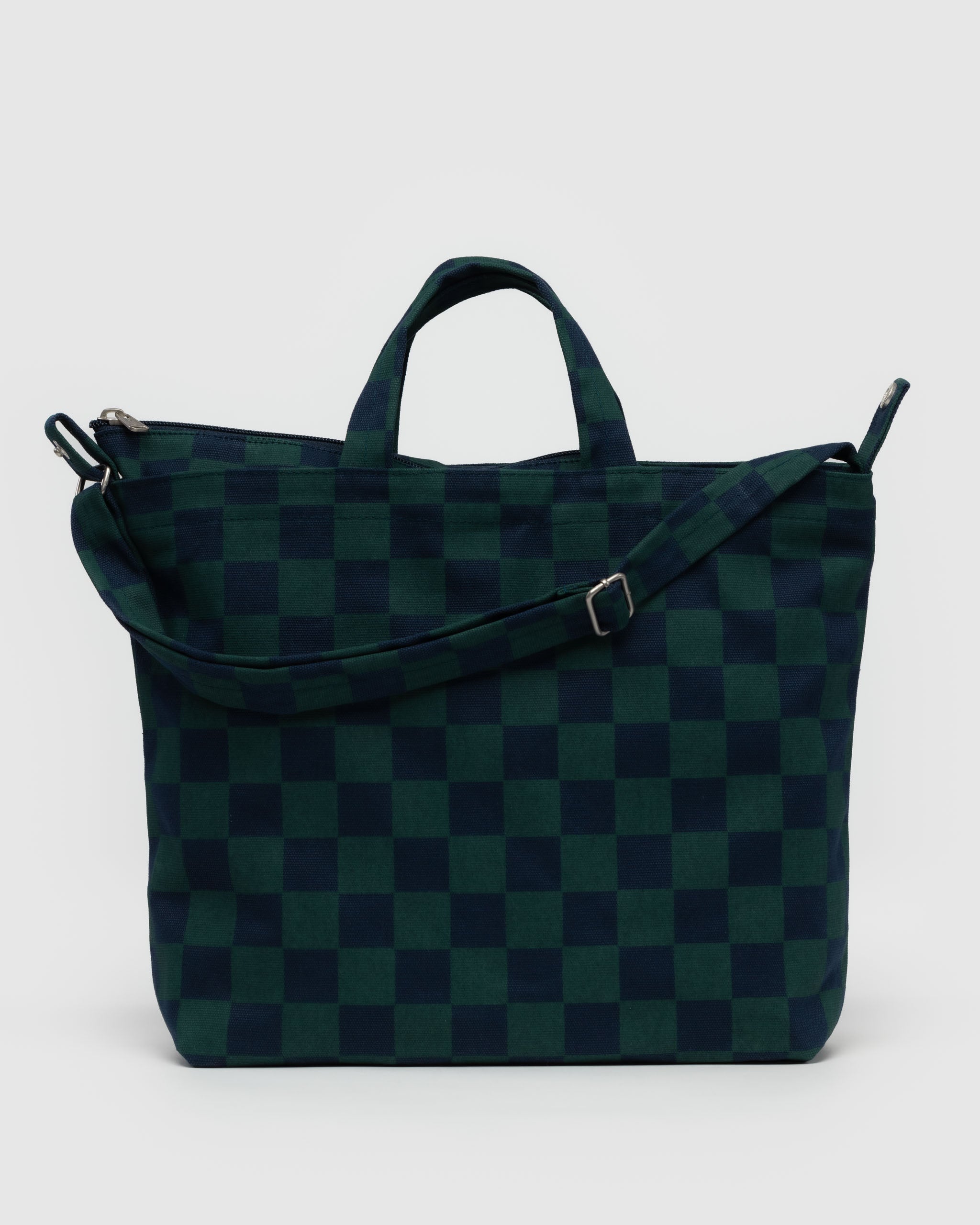 Navy Green Check Horizontal Zip Duck Bag | BAGGU | Canvas Tote Bag