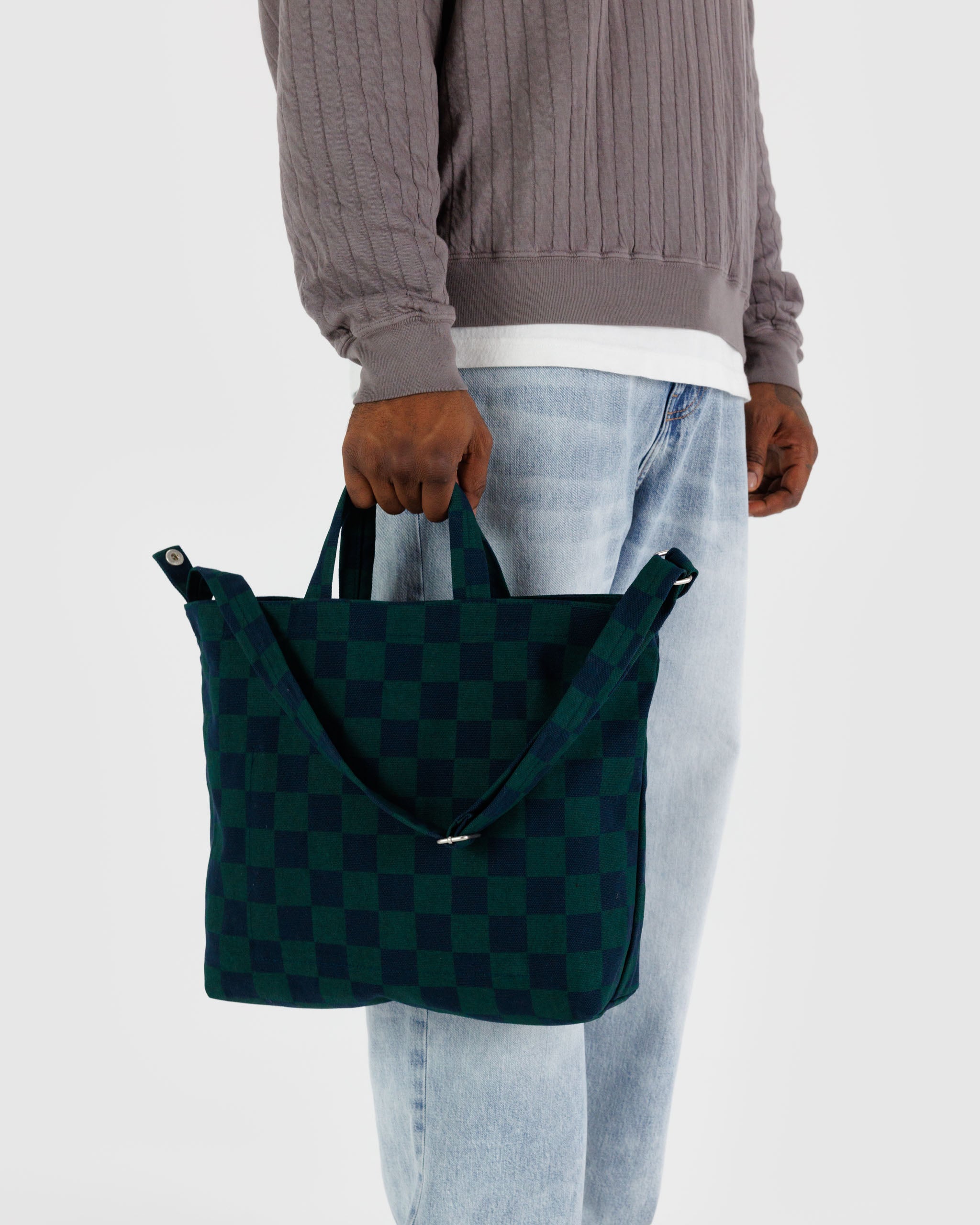 Navy Green Check Horizontal Zip Duck Bag | BAGGU | Canvas Tote Bag