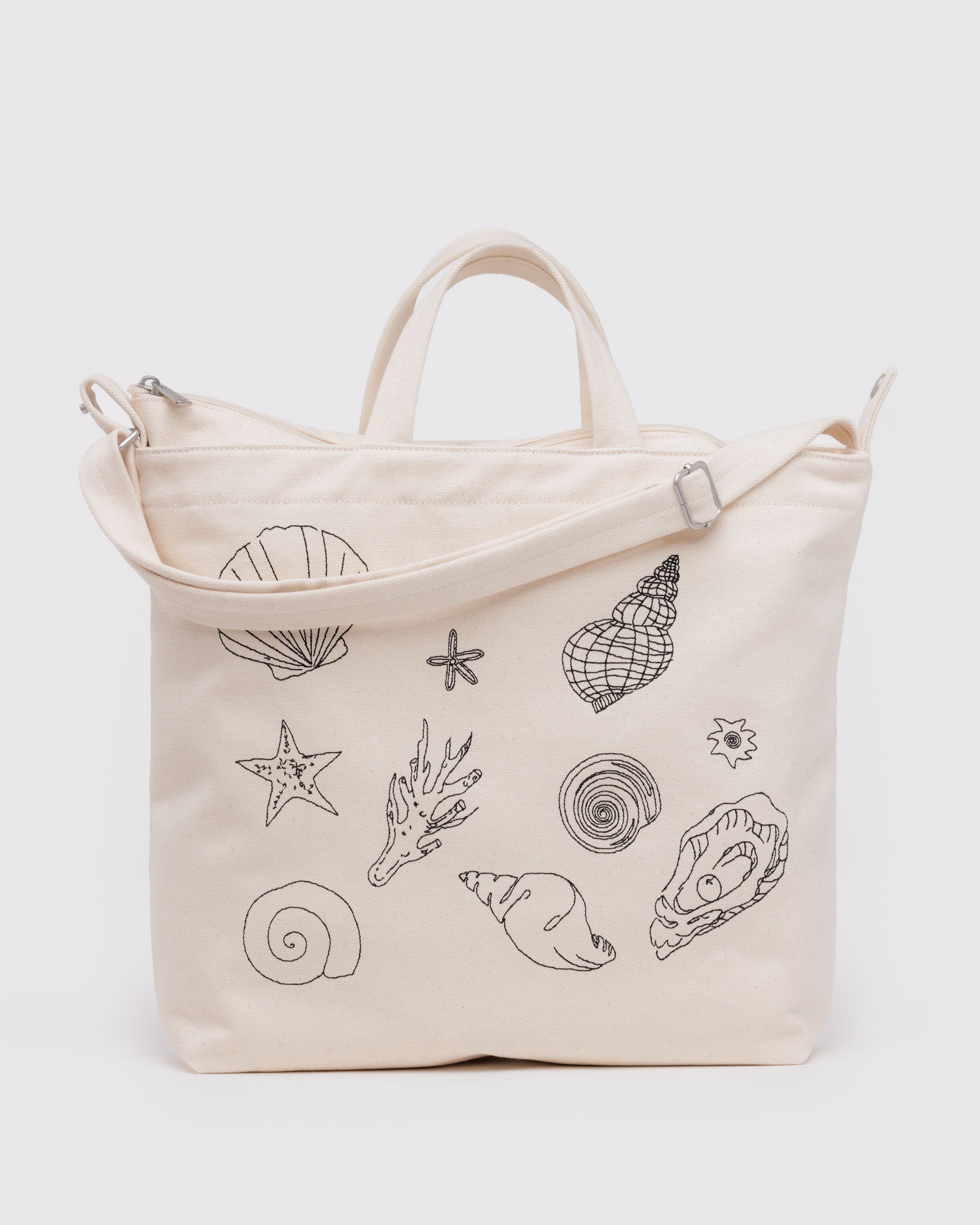 Embroidered Shells Horizontal Zip Duck Bag | BAGGU | Canvas Tote Bag