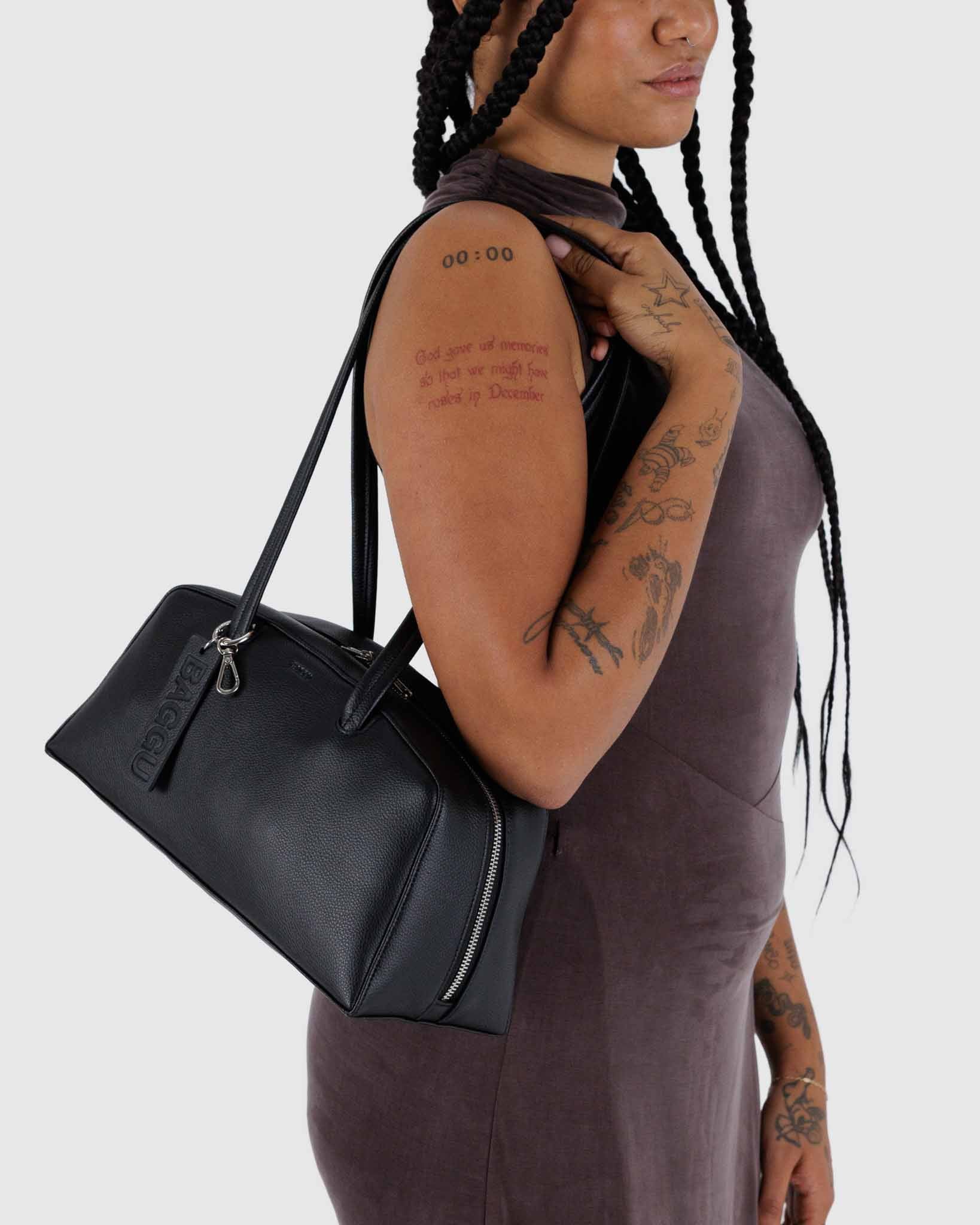 Black Medium Recycled Leather Bowler Bag | BAGGU | Shoulder Bag