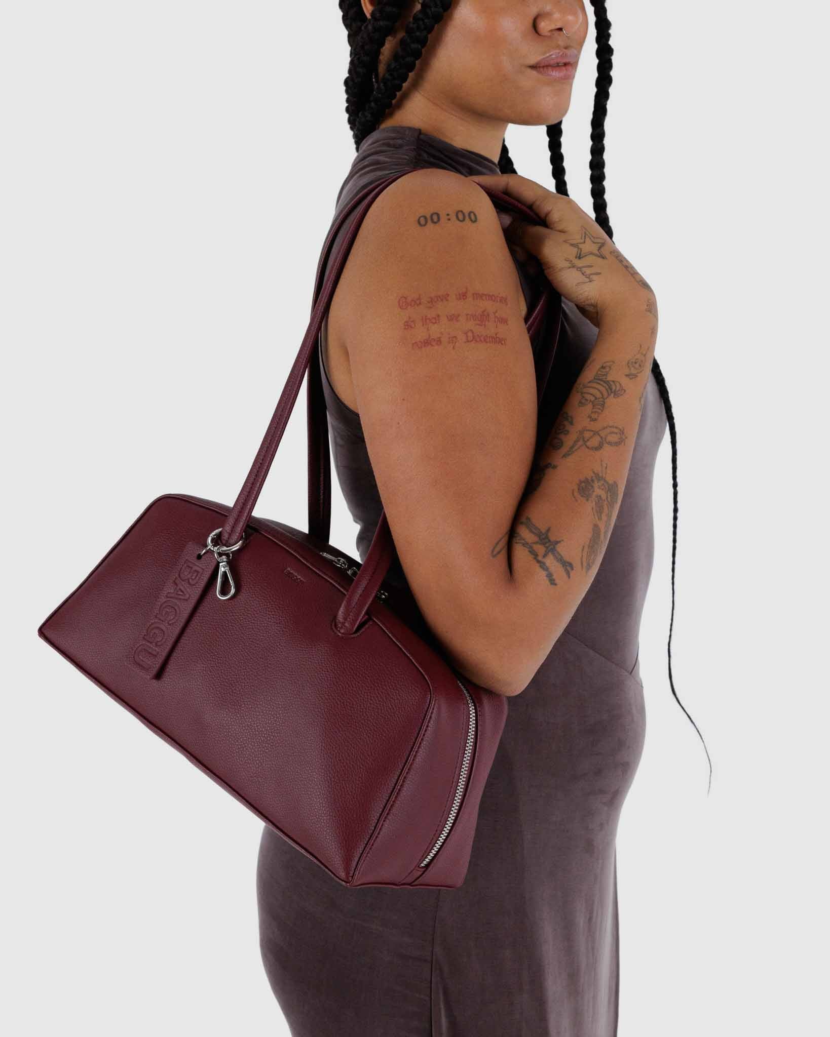 Mahogany Medium Recycled Leather Bowler Bag | BAGGU | Shoulder Bag