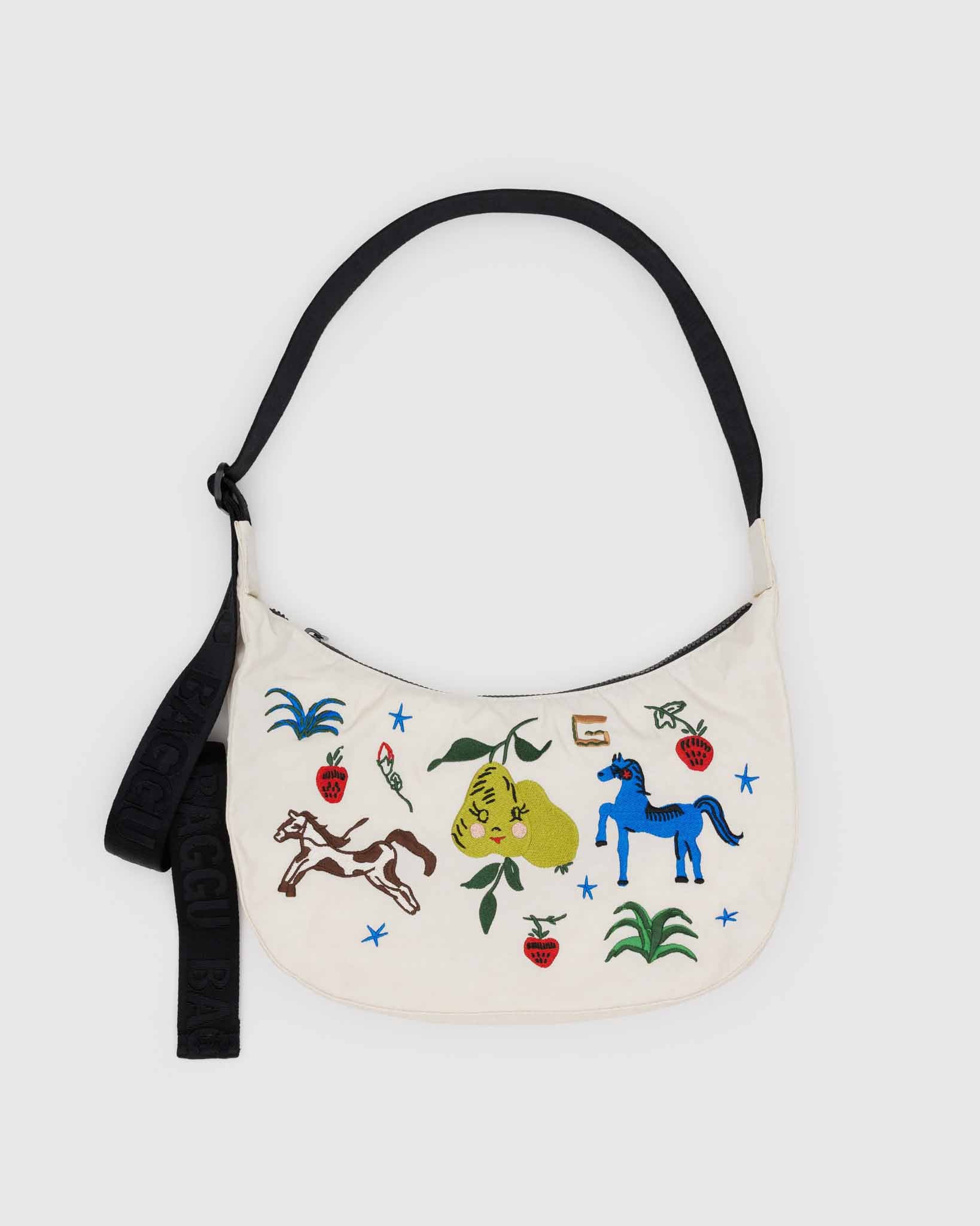 BAGGU Embroidered Painted Prairie medium nylon crescent bag | BAGGU | Crossbody Bag