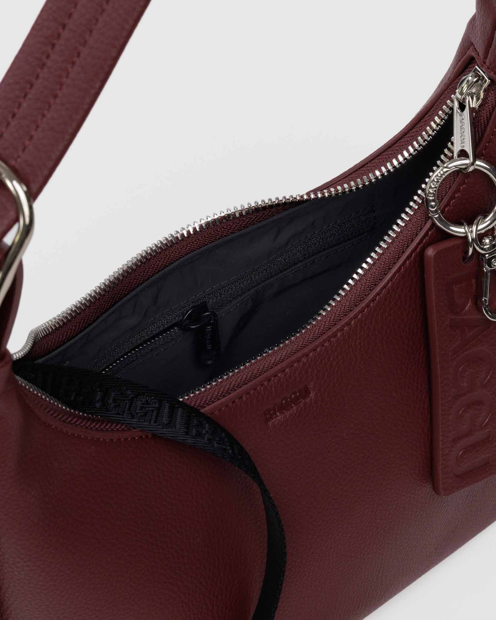 Mahogany mini recycled leather shoulder bag | BAGGU | Shoulder + Crossbody Bag