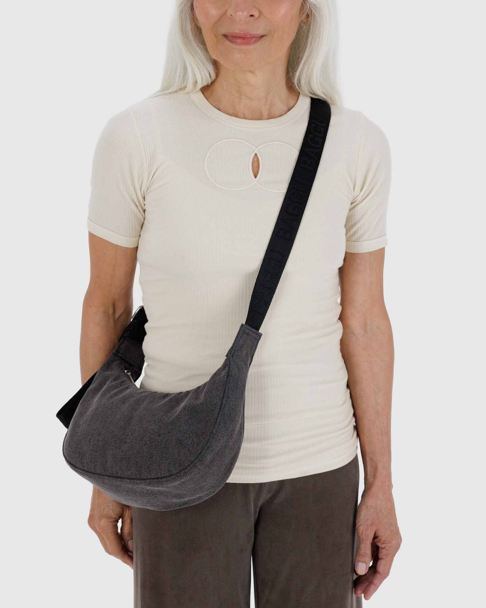 Washed Black Denim Small Crescent Bag