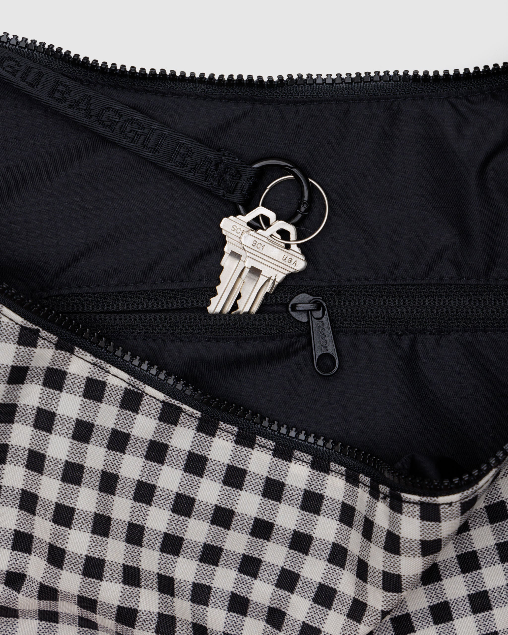 Black & White Gingham Large Nylon Crescent Bag