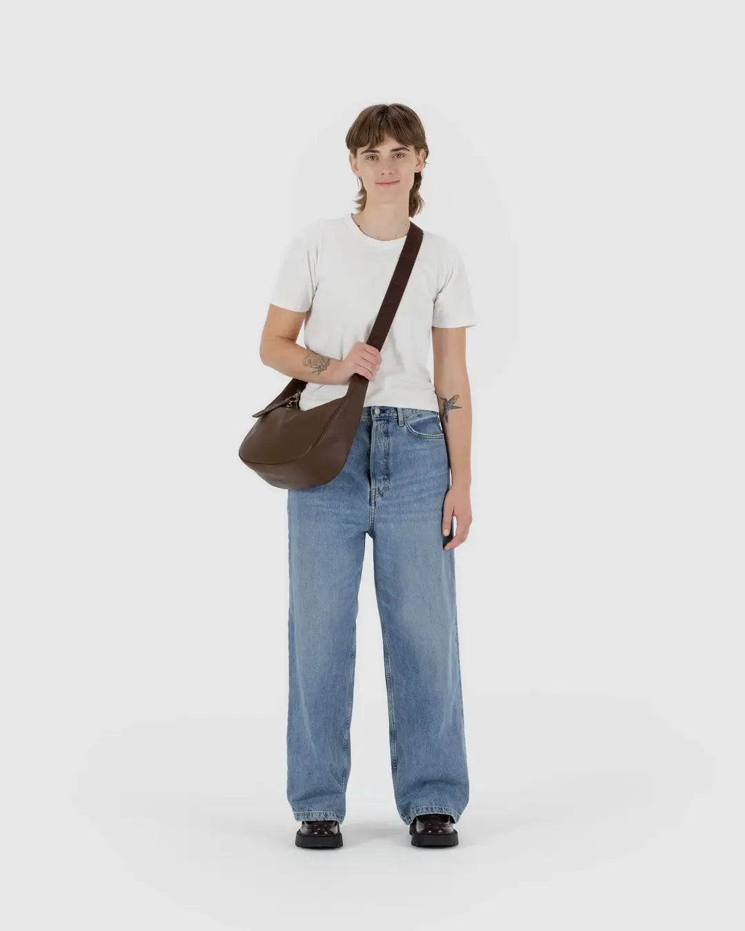 Brown medium recycled leather crescent bag | BAGGU | Shoulder + Crossbody Bag