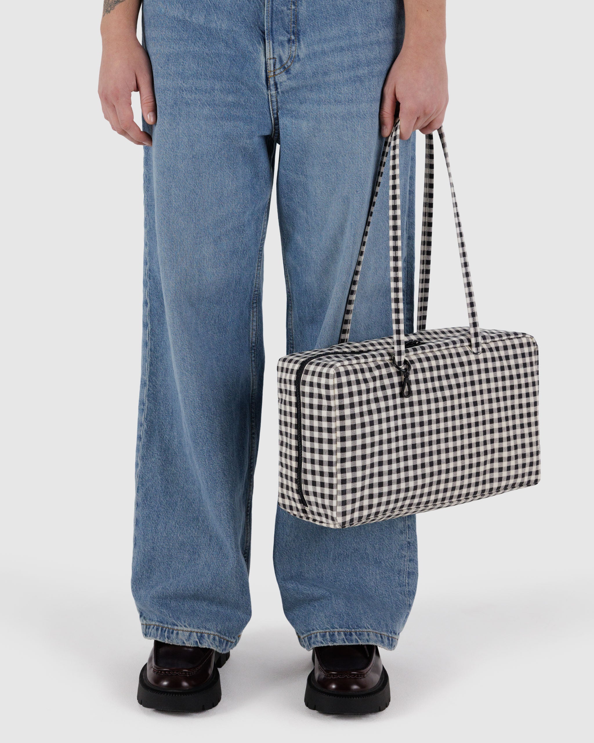 BAGGU Black & White Gingham Medium Nylon Bowler Bag | BAGGU | Shoulder Bag