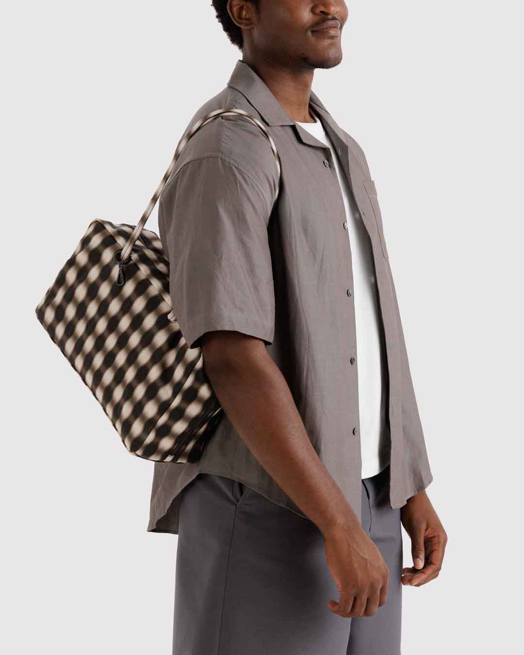 Blurred Gingham Brown Medium Nylon Bowler Bag