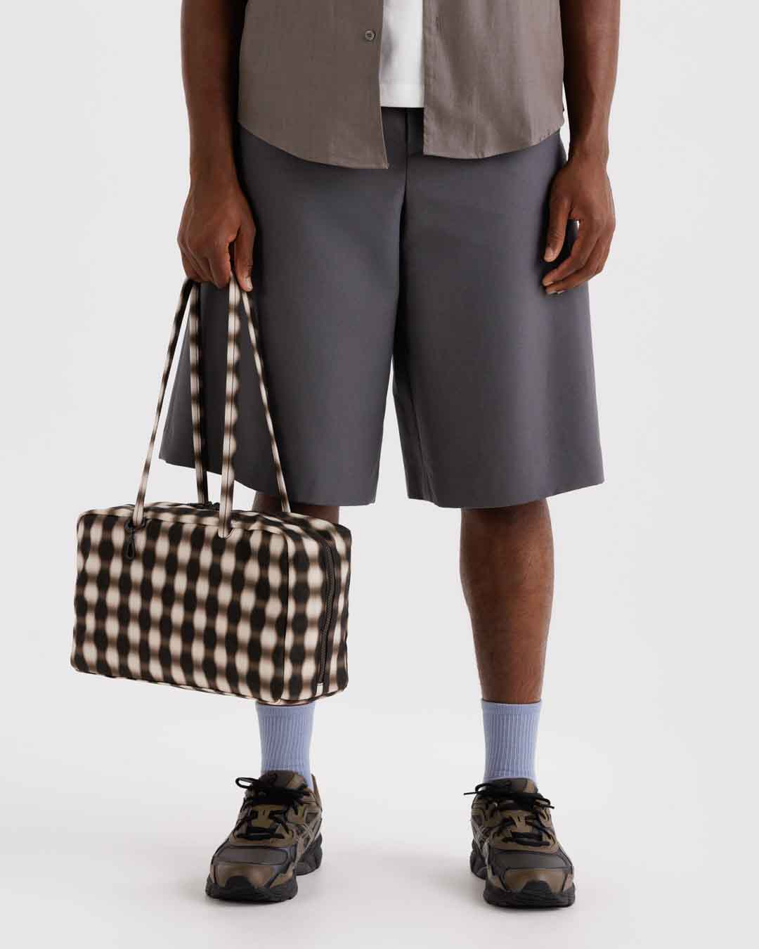 Blurred Gingham Brown Medium Nylon Bowler Bag