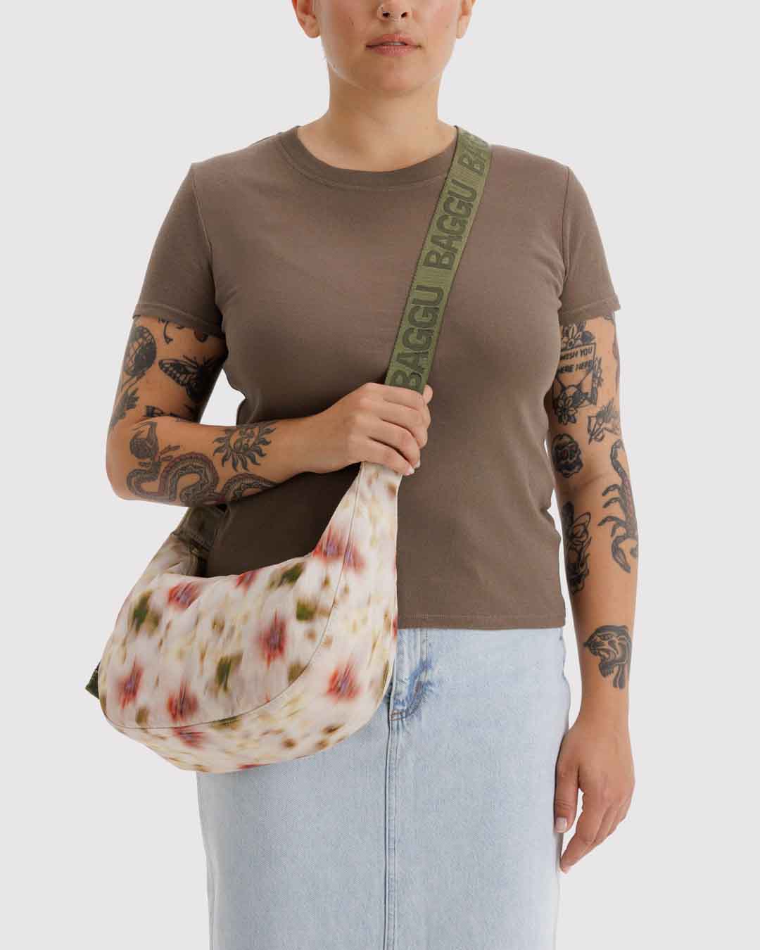 Abstract Floral Medium Nylon Crescent Bag