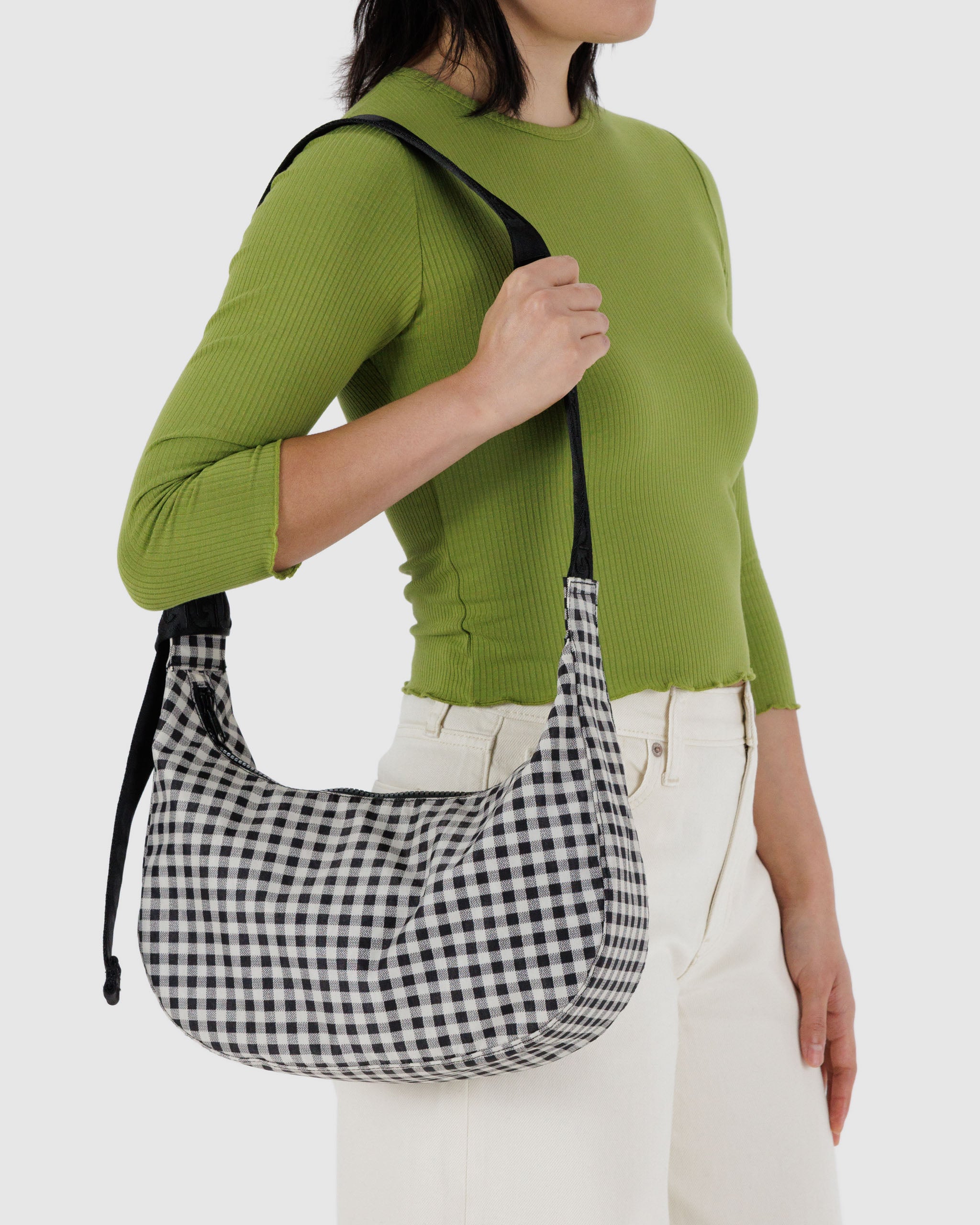 Black & White Gingham Medium Nylon Crescent Bag | BAGGU | Crossbody Bag
