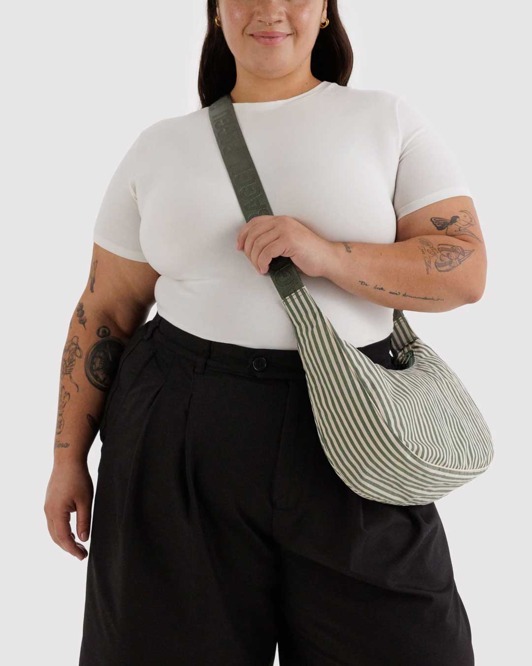 Sage Stripe Medium Nylon Crescent Bag BAGGU