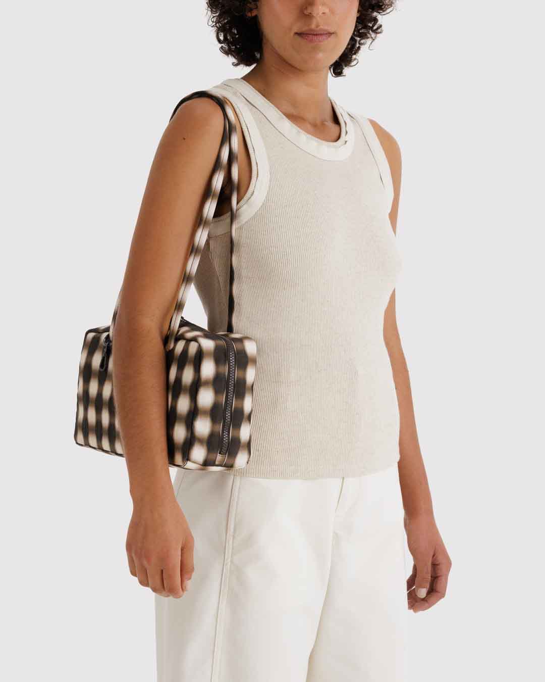 Blurred Gingham Brown Nylon Bowler Bag