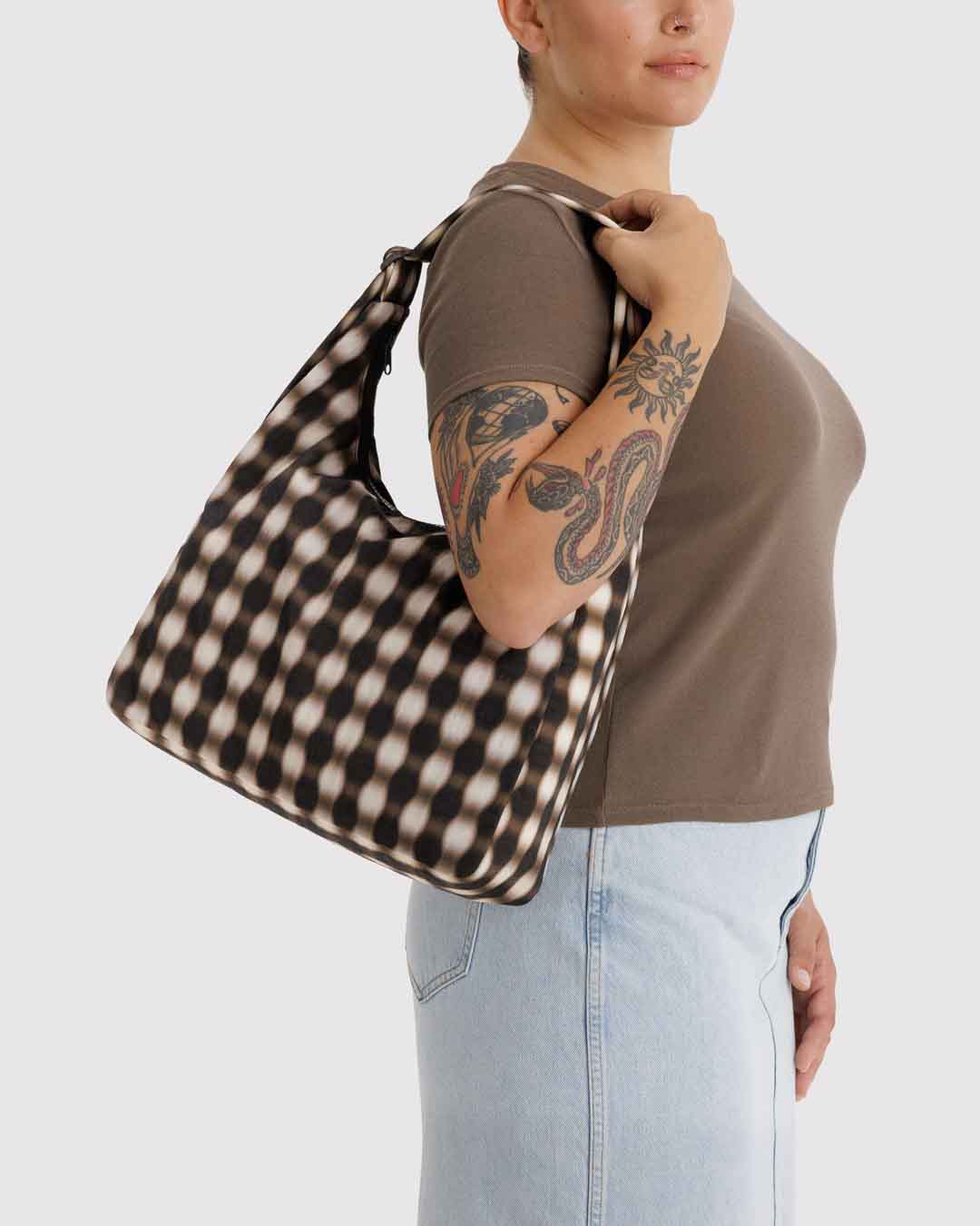 Blurred Gingham Brown Nylon Shoulder Bag