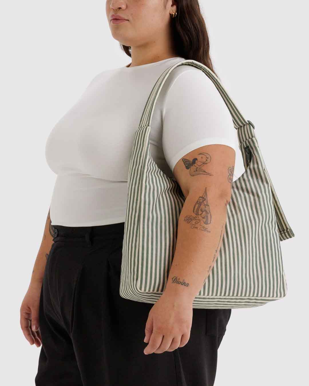 Sage Stripe Nylon Shoulder Bag