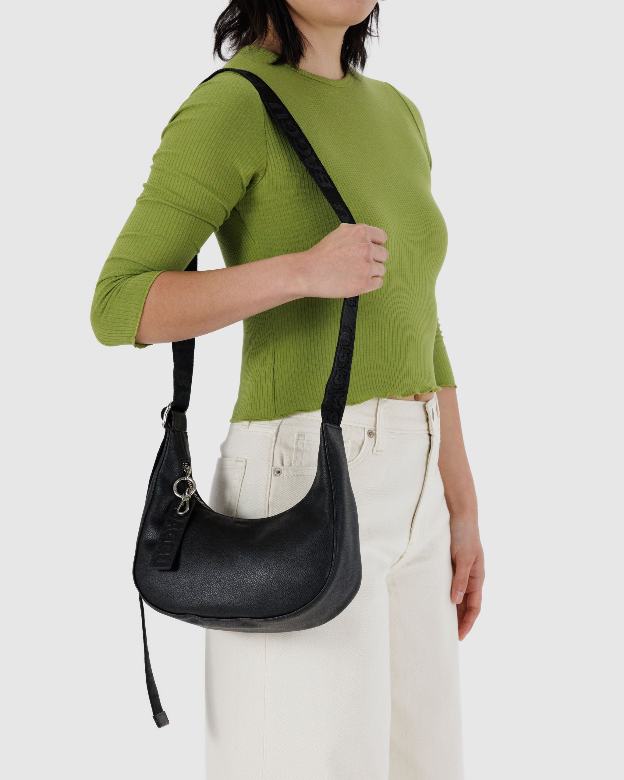 Black small recycled leather crescent bag | BAGGU | Shoulder + Crossbody Bag
