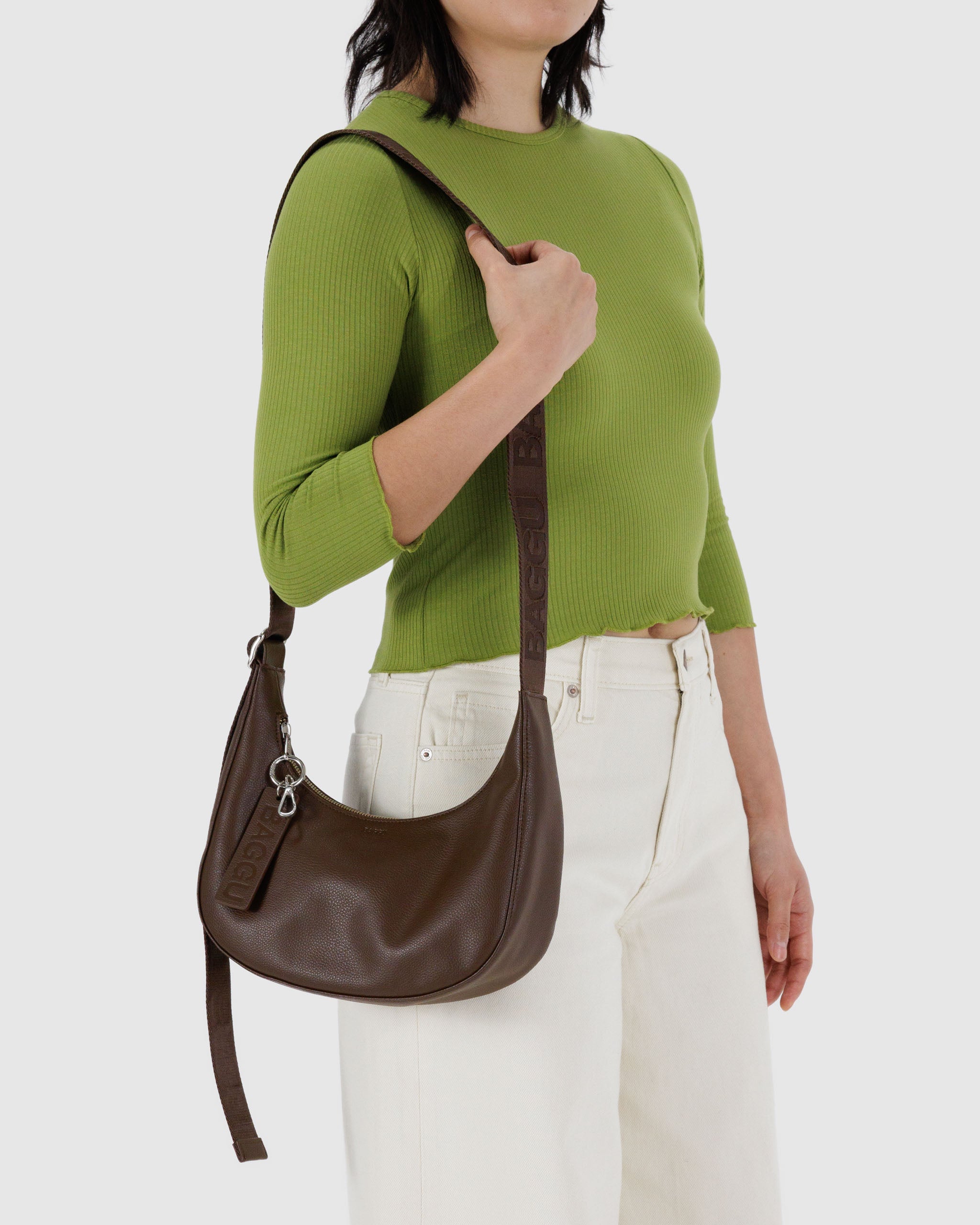 Brown small recycled leather crescent bag | BAGGU | Shoulder + Crossbody Bag