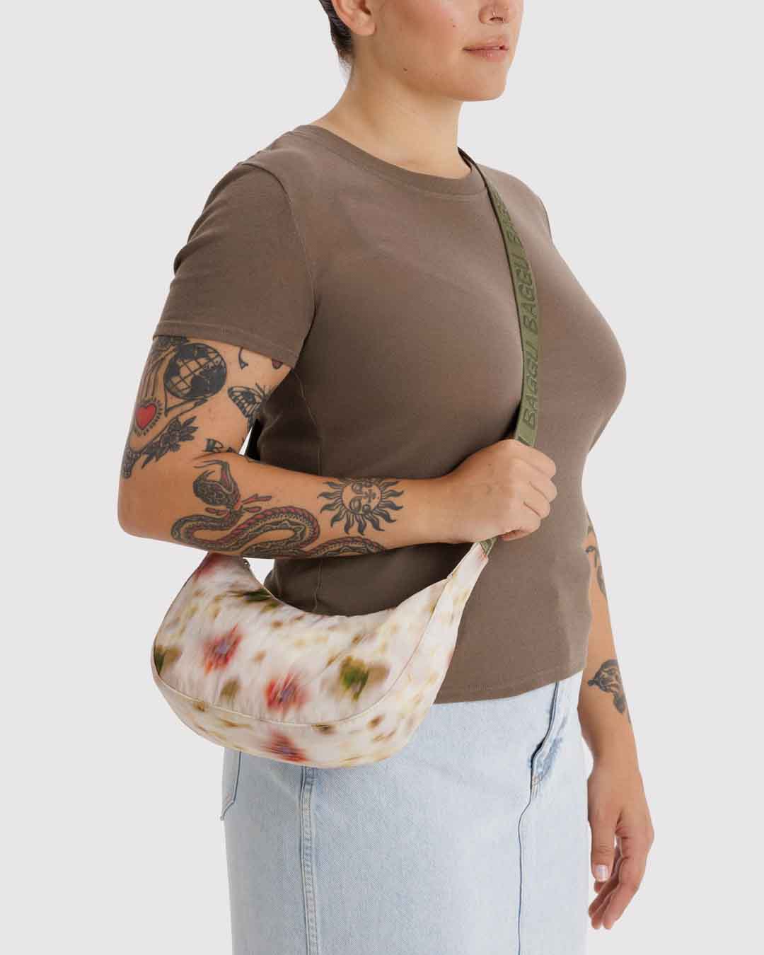 Abstract Floral Small Nylon Crescent Bag