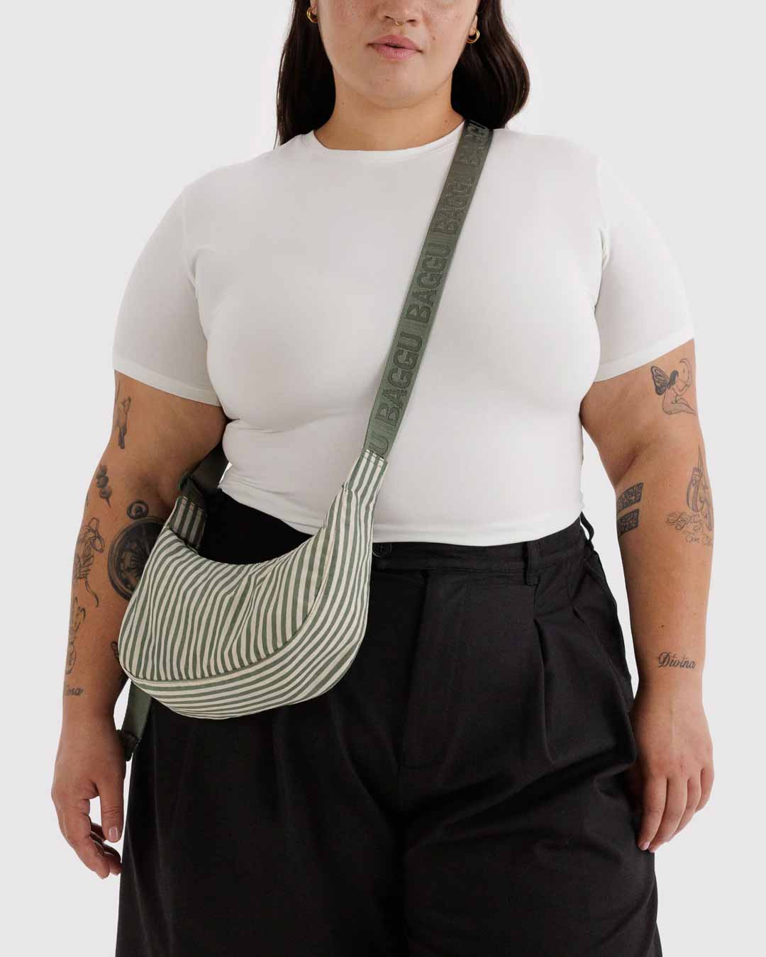 Sage Stripe Small Nylon Crescent Bag