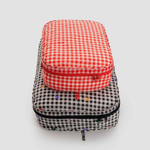 Baggu Large Packing Cube Set in Red and Black & White Hearts Gingham  zipped up