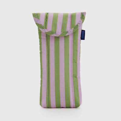 A Baggu Avocado Candy Stripe recycled puffy glasses case