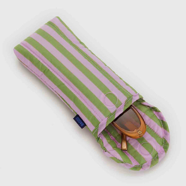 One Baggu Avocado Candy Stripe recycled puffy glasses case open with sunglasses showing