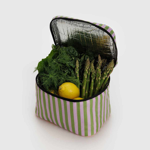A Hotel Stripe Puffy Lunch Bag from BAGGU shown open containing produce