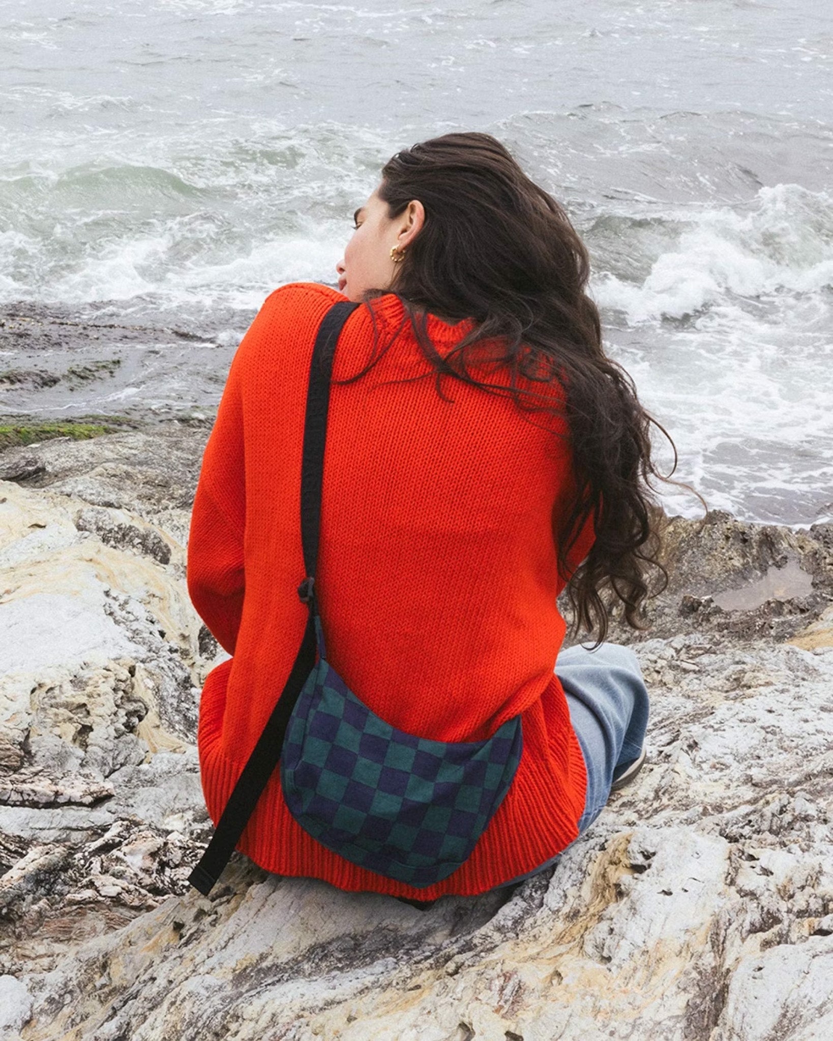 Navy Green Check Small Nylon Crescent Bag | BAGGU | Crossbody Bag