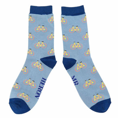 Mr Heron Men's light blue socks with a repeated cycling pattern