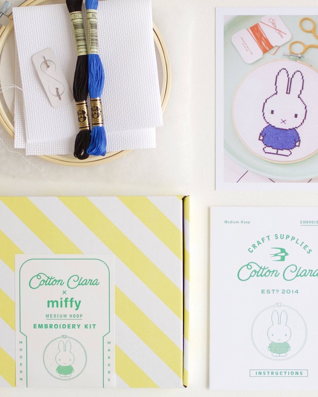 A cross-stitched blue Miffy bunny in an embroidery hoop, embroidery kit.