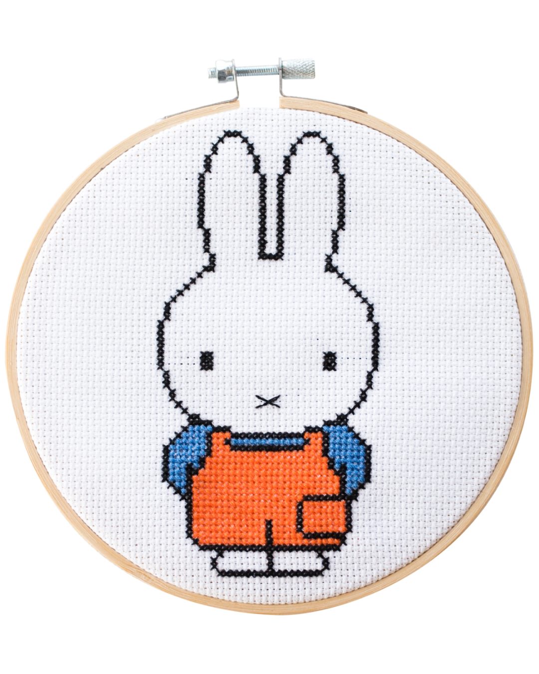 A cross-stitched Miffy bunny in an embroidery hoop, embroidery kit.