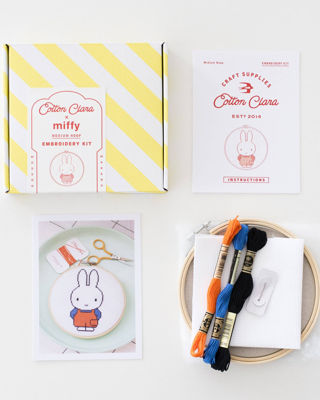 A cross-stitched Miffy bunny in an embroidery hoop, embroidery kit.