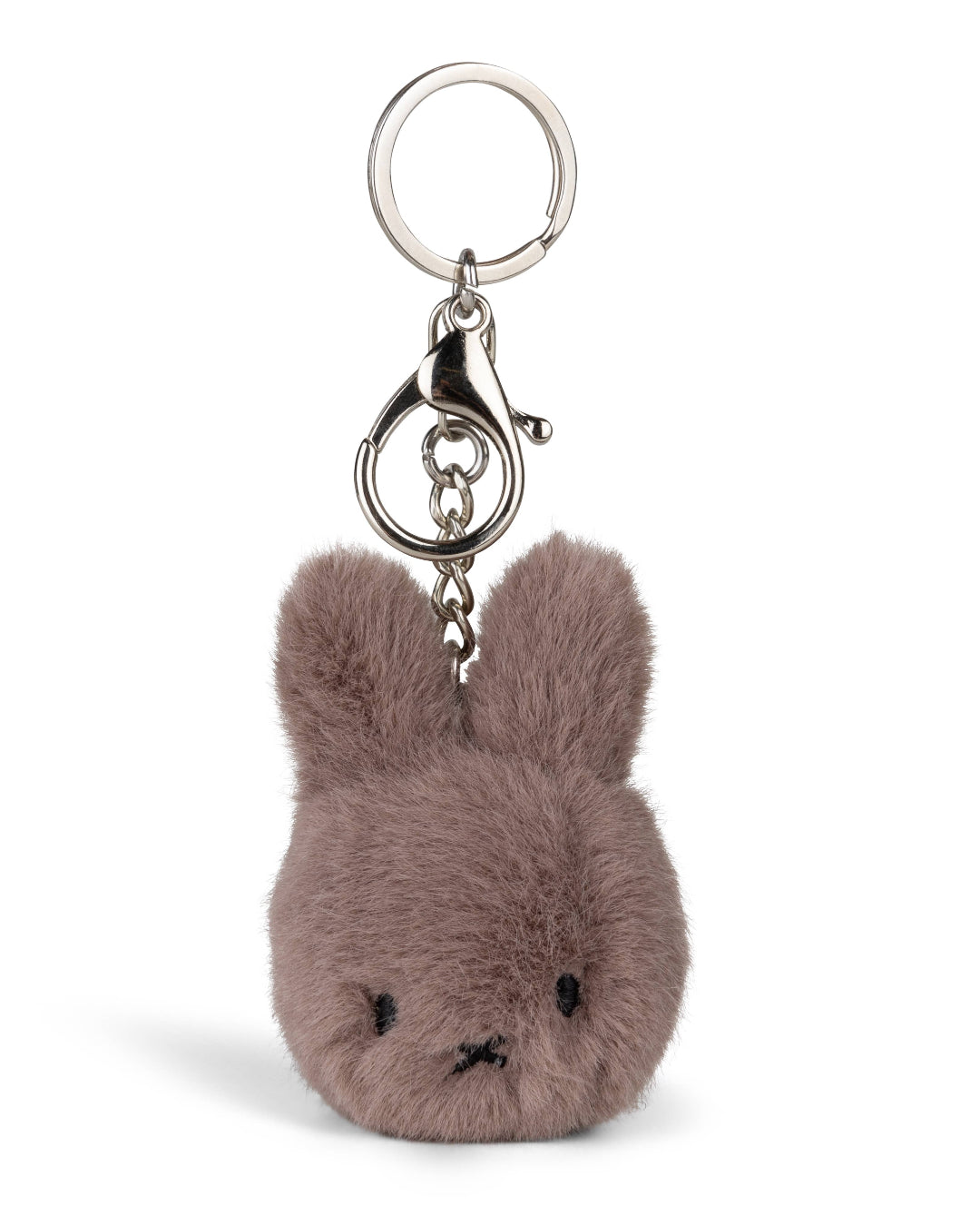 Fluffy brown Miffy keychain with a metal clasp on a white background