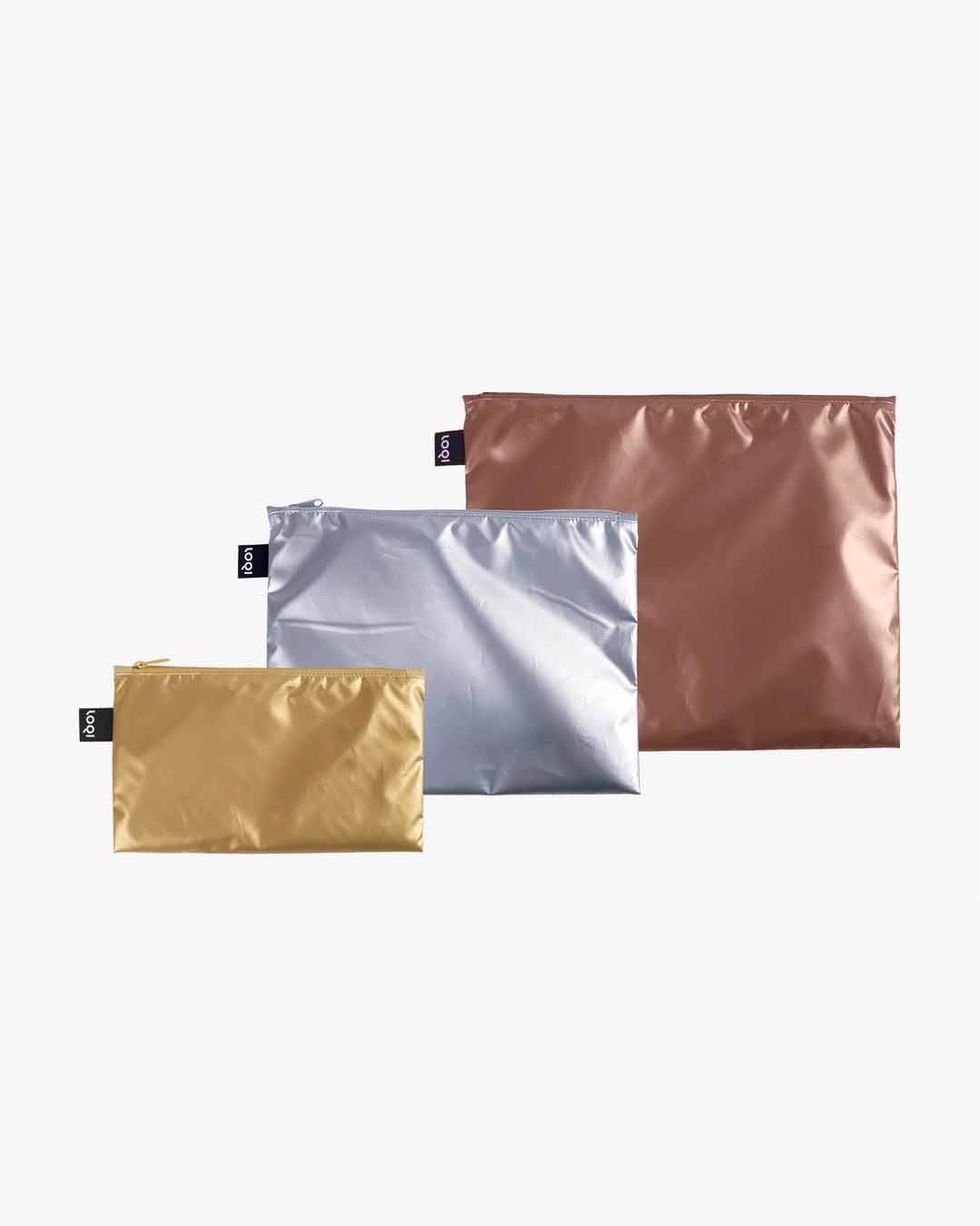 Metallic Gold, Silver and Rose Gold Set of 3 Zip Pockets | LOQI | Packing + Organising