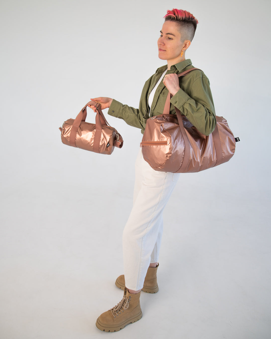 Metallic Matt Rose Gold Weekender Bag | LOQI | Travel + Overnight Bag