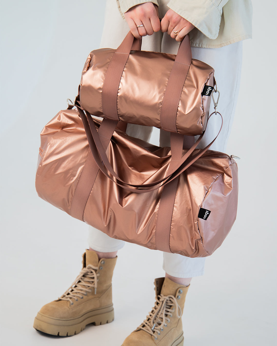 Metallic Matt Rose Gold Weekender Bag | LOQI | Travel + Overnight Bag