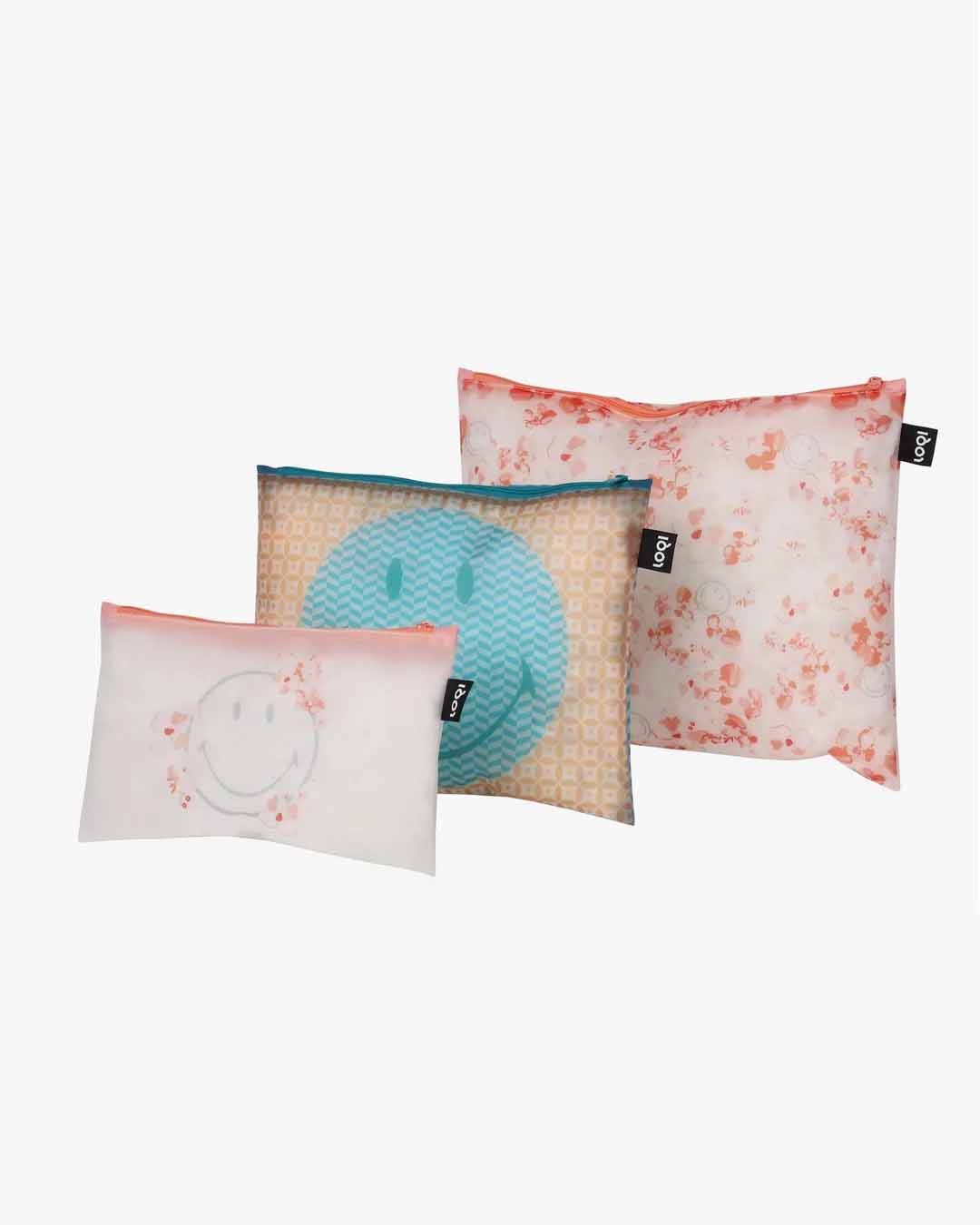 Transparent SMILEY Milky Blossom Set of 3 Zip Pockets | LOQI | Packing + Organising