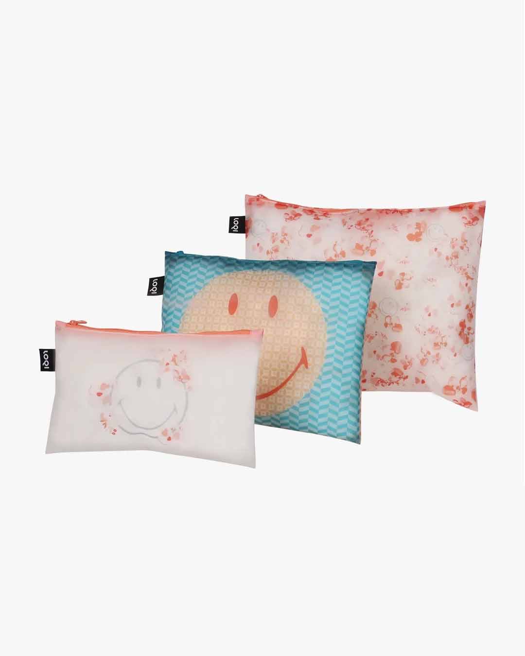 Transparent SMILEY Milky Blossom Set of 3 Zip Pockets | LOQI | Packing + Organising