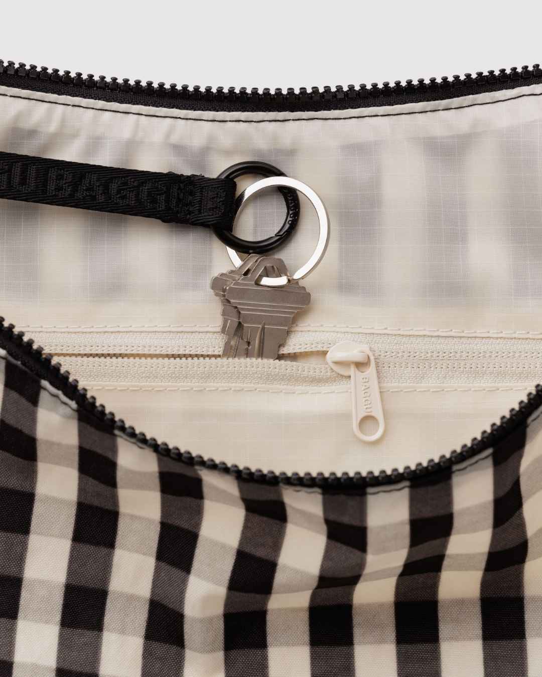 Black and Cream Gingham Large Nylon Crescent Bag
