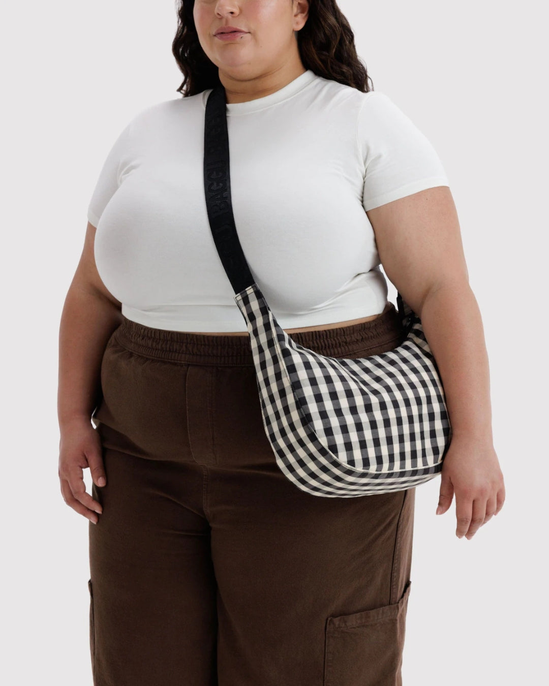 Black and Cream Gingham Medium Nylon Crescent Bag