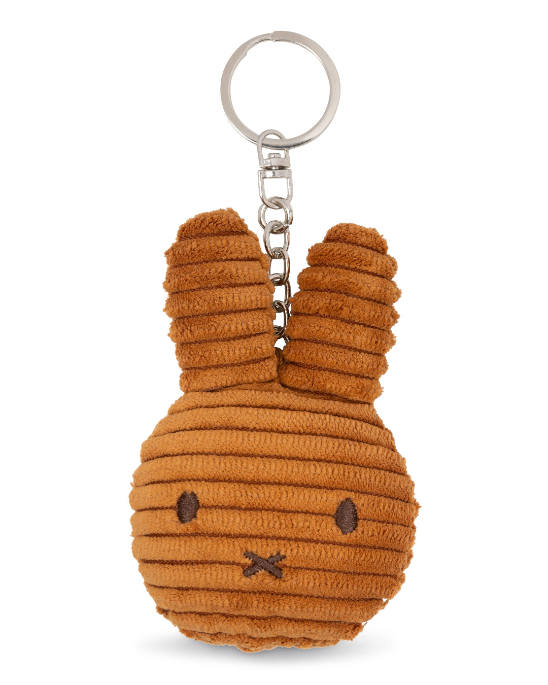 Brown plush bunny keychain on a white background