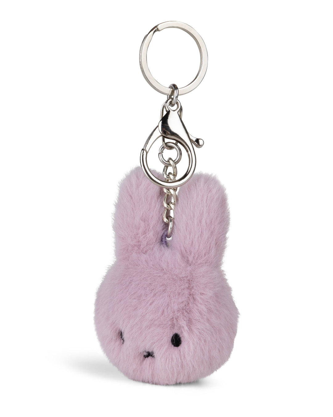 Purple plush bunny keychain with a silver ring on a white background