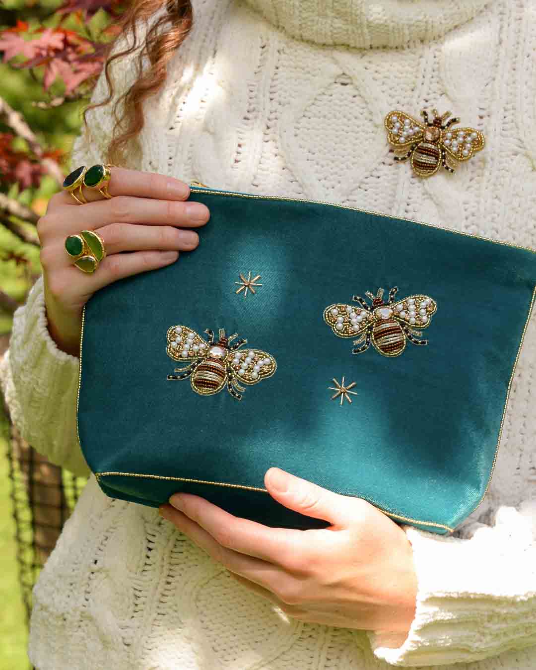 Teal Golden Bee Large Velvet Pouch