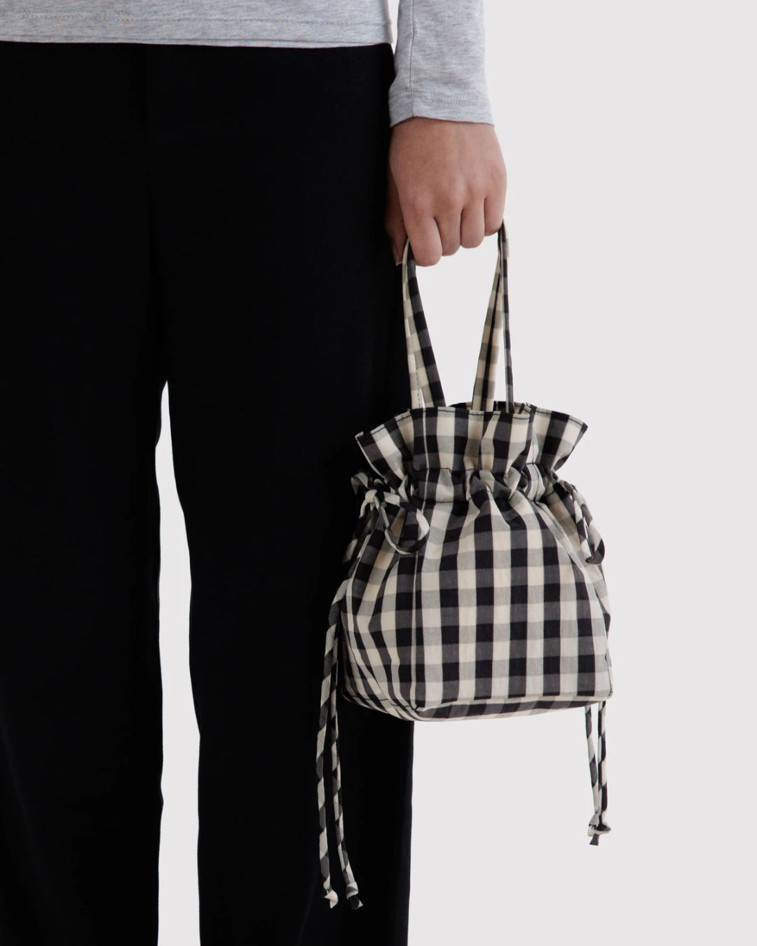 Black and Cream Gingham Nylon Drawstring Bag | BAGGU | Nylon Drawstring Bag