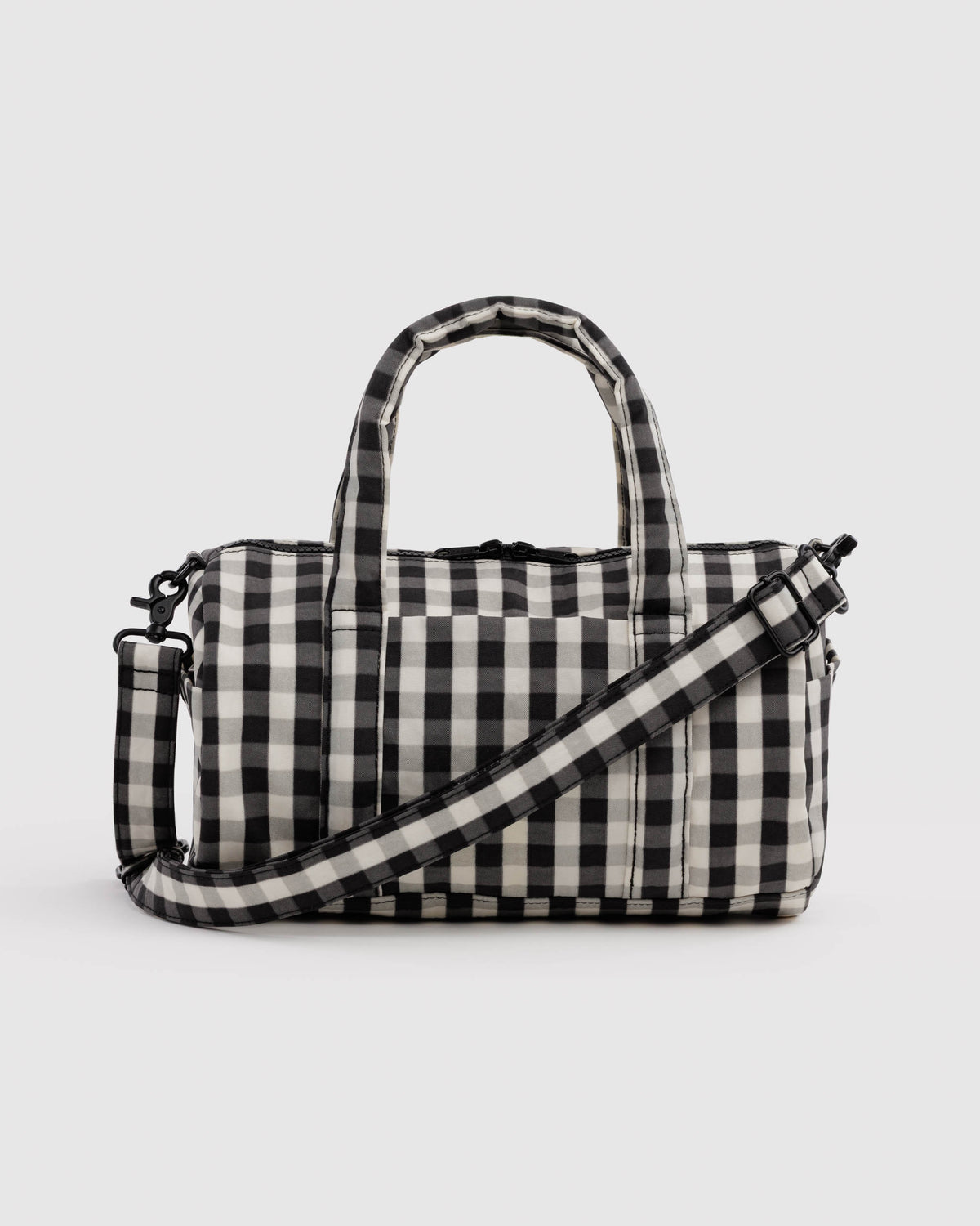 Black and Cream Gingham Nylon Duffle Bag | BAGGU | Nylon Duffle Bag
