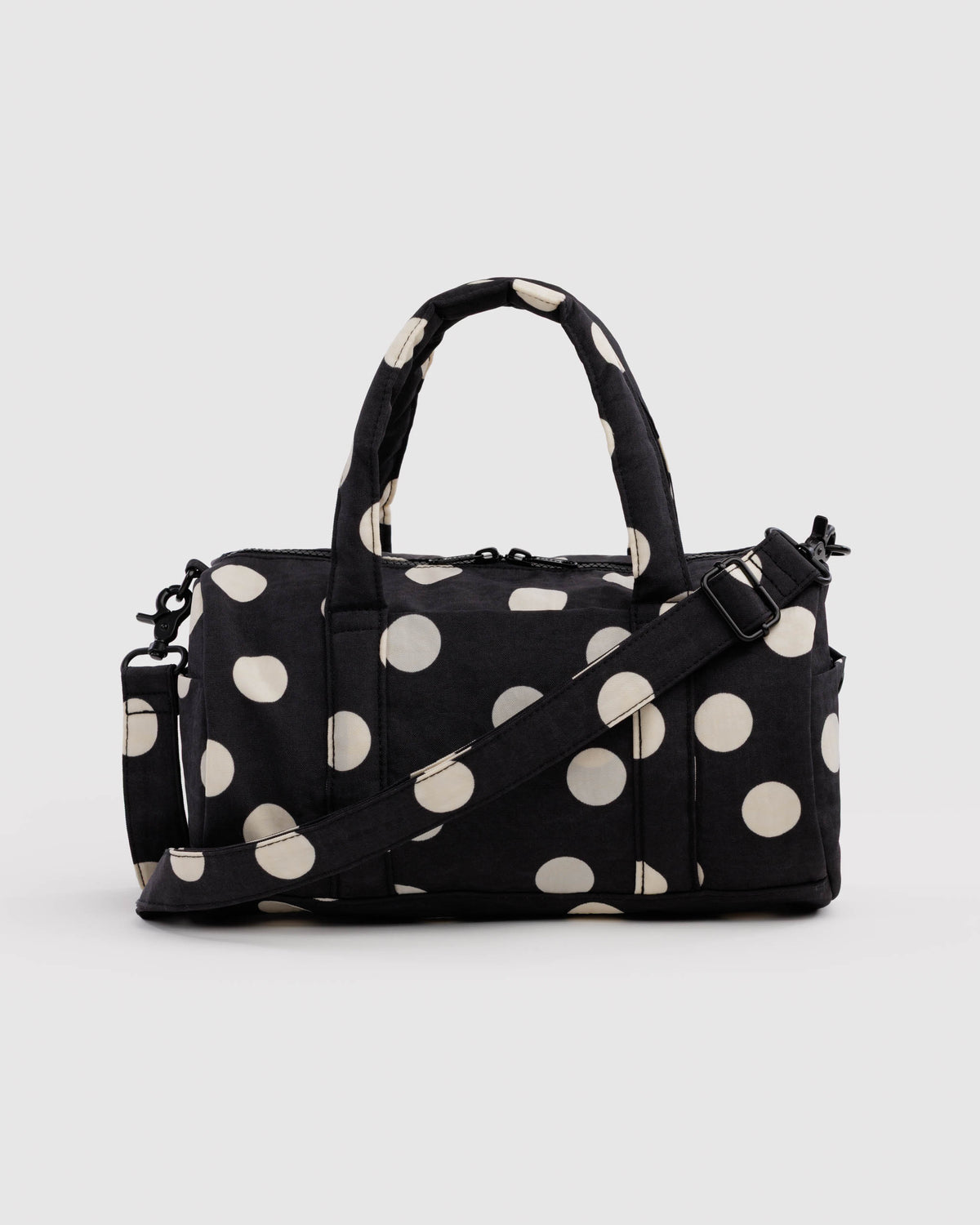 Black and Cream Polka Dot Nylon Duffle Bag | BAGGU | Nylon Duffle Bag