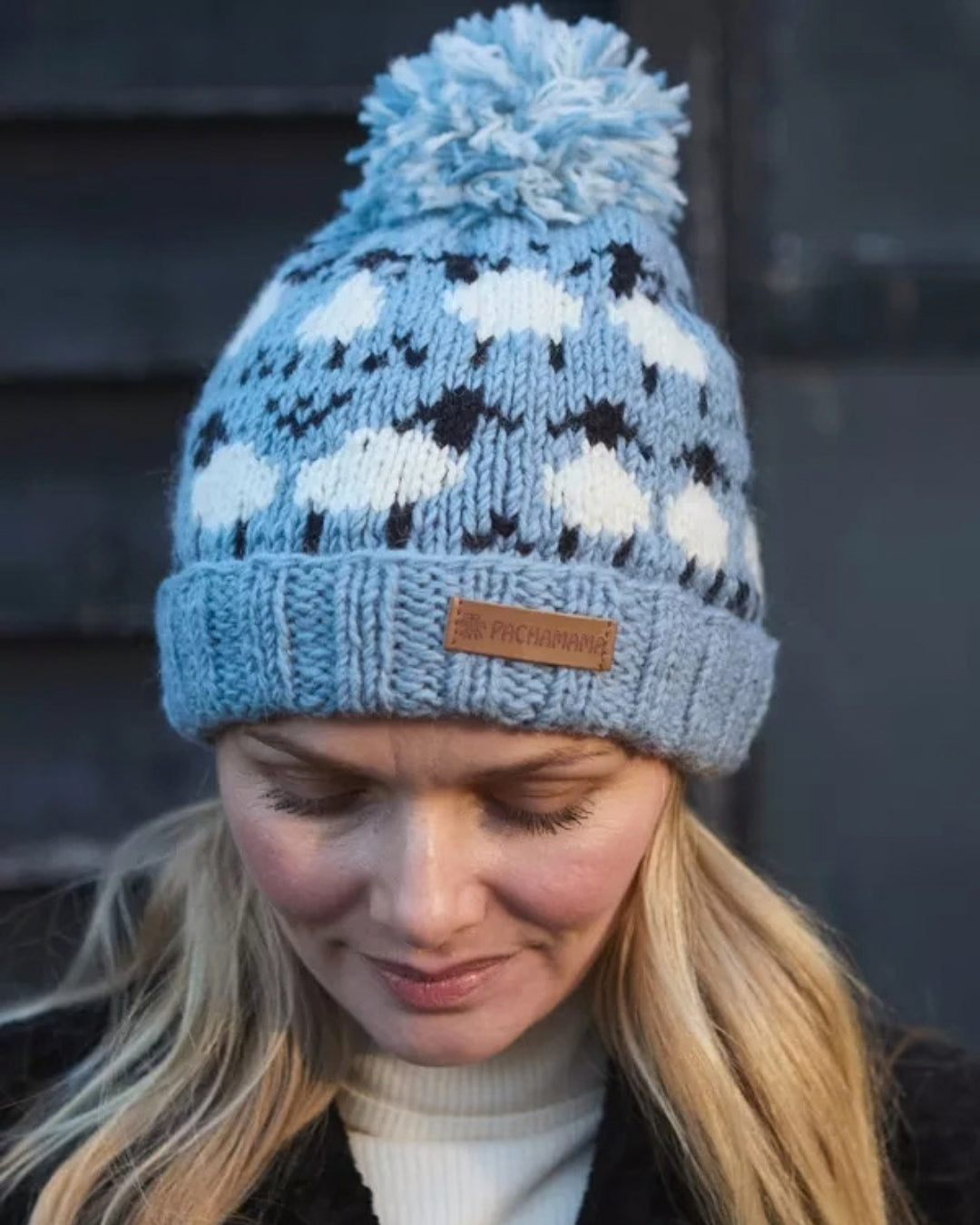 Blue Merino Sheep Roll Back Bobble Beanie Pachamama